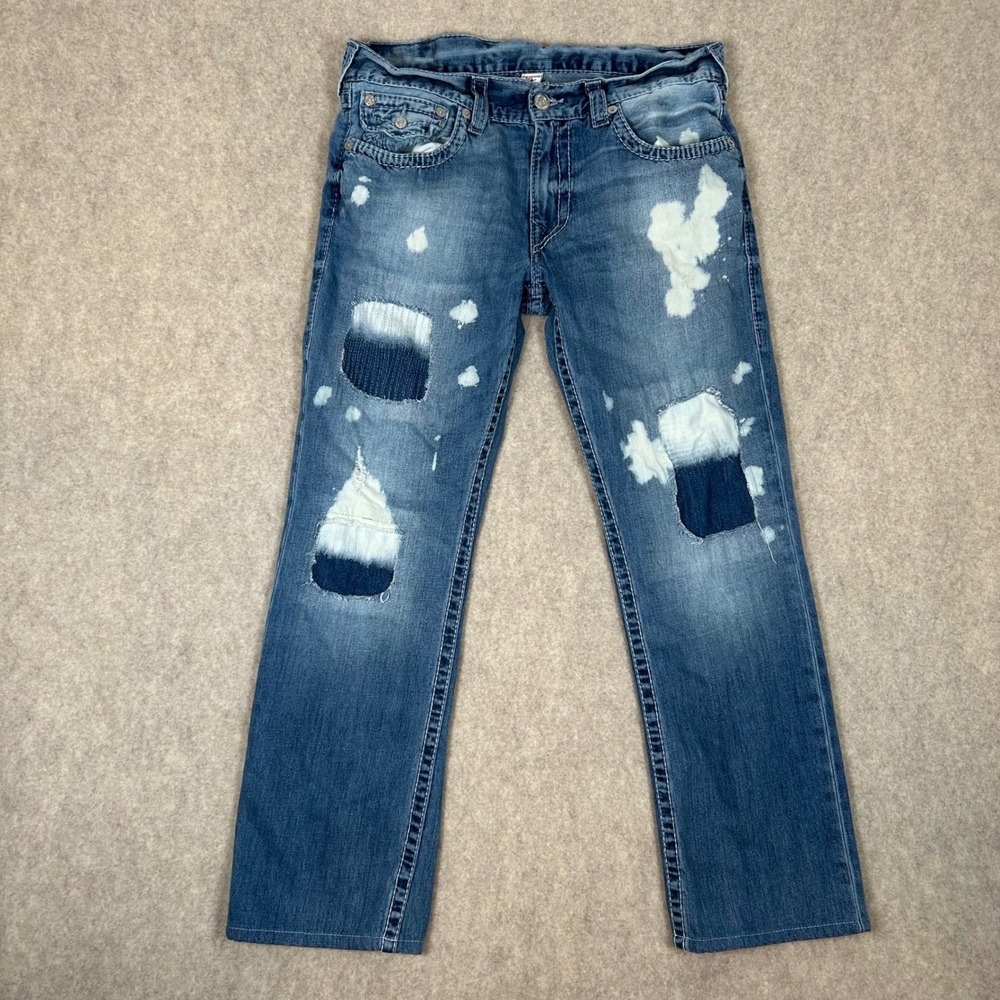 True Religion Jeans Mens 33 Blue Bleach Splatter Patchwork Distressed Denim